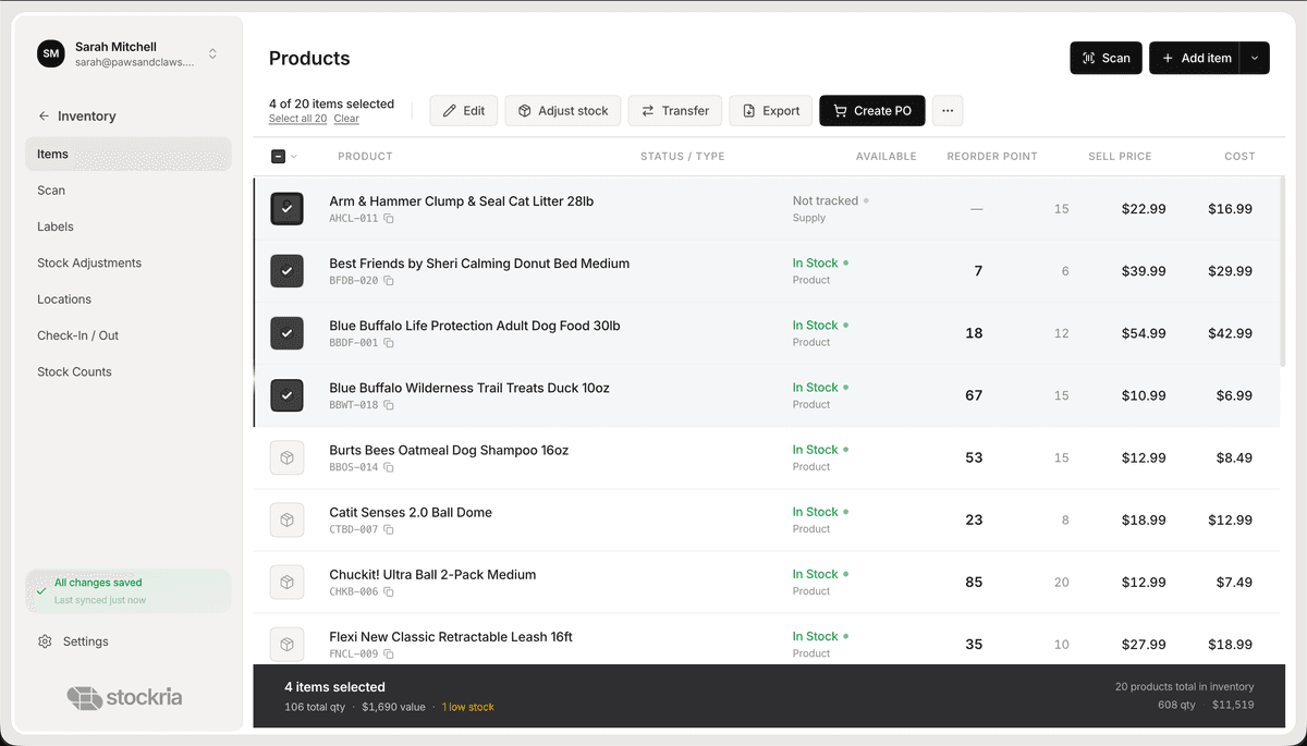 Stockria manage products view