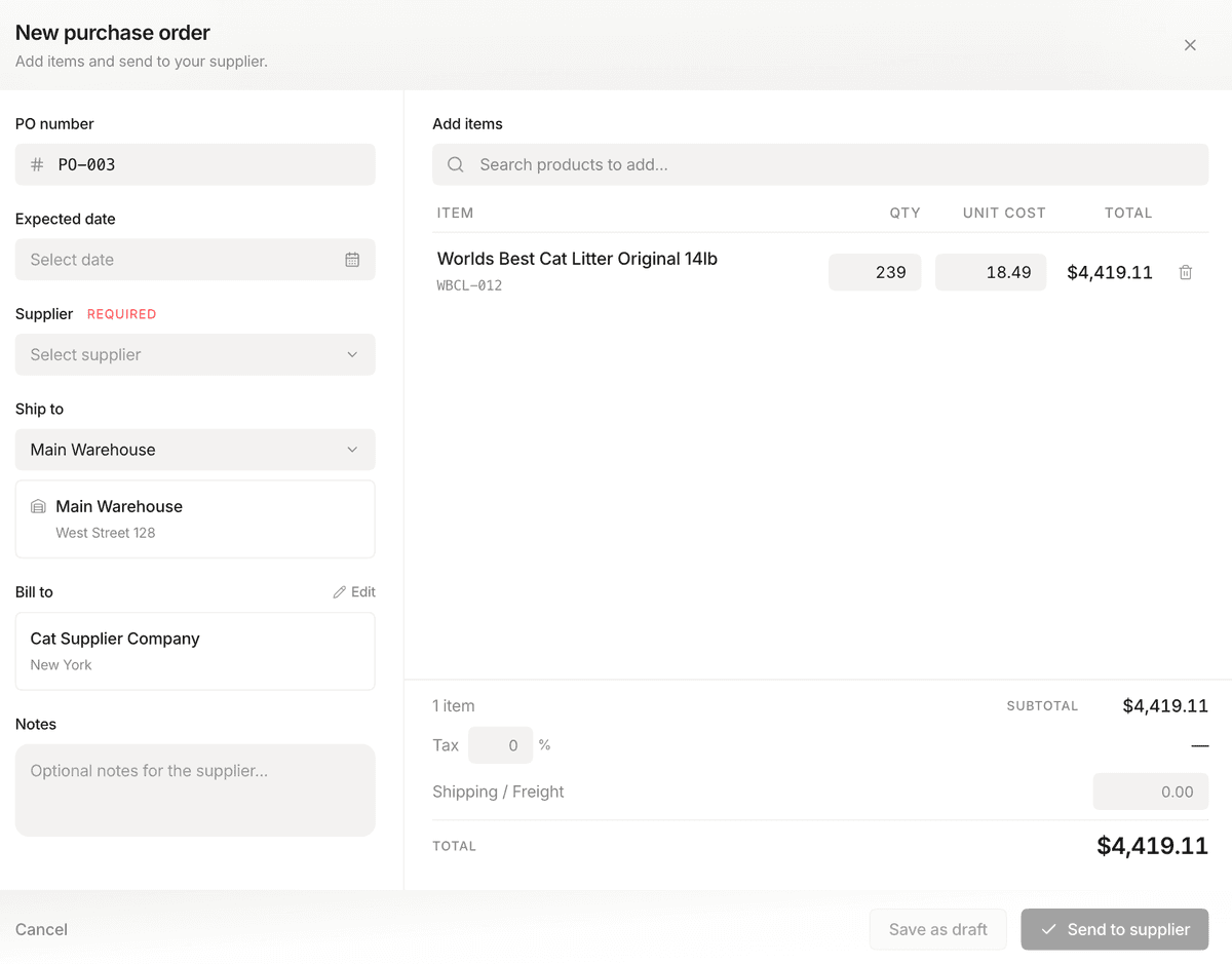 Stockria purchase order creation