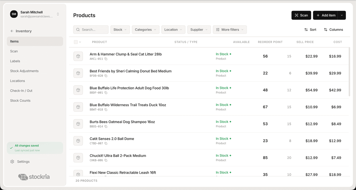 Stockria products page — real-time inventory tracking with stock levels, categories, and pricing