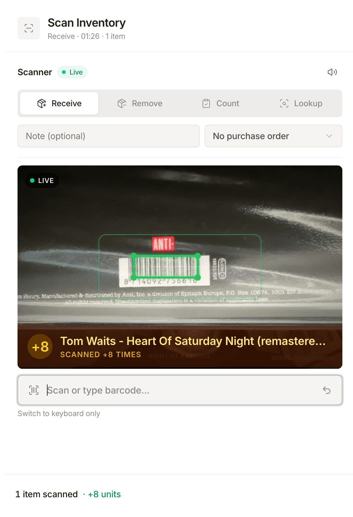 Stockria barcode scanning from any device