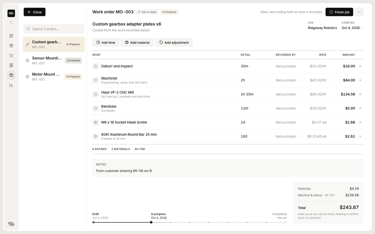A job shop work order in Stockria with machine and labour minutes and the real job cost