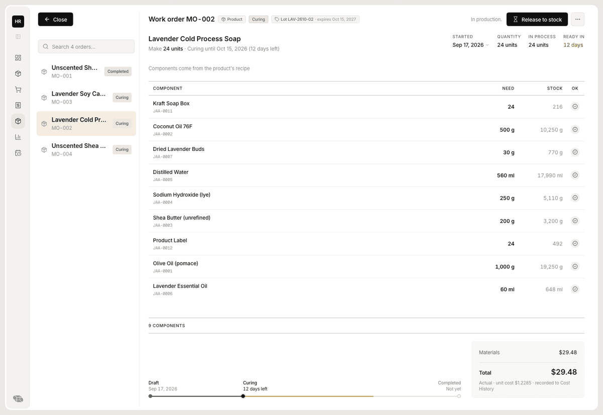 A soap batch work order in Stockria that uses up materials and makes a lot