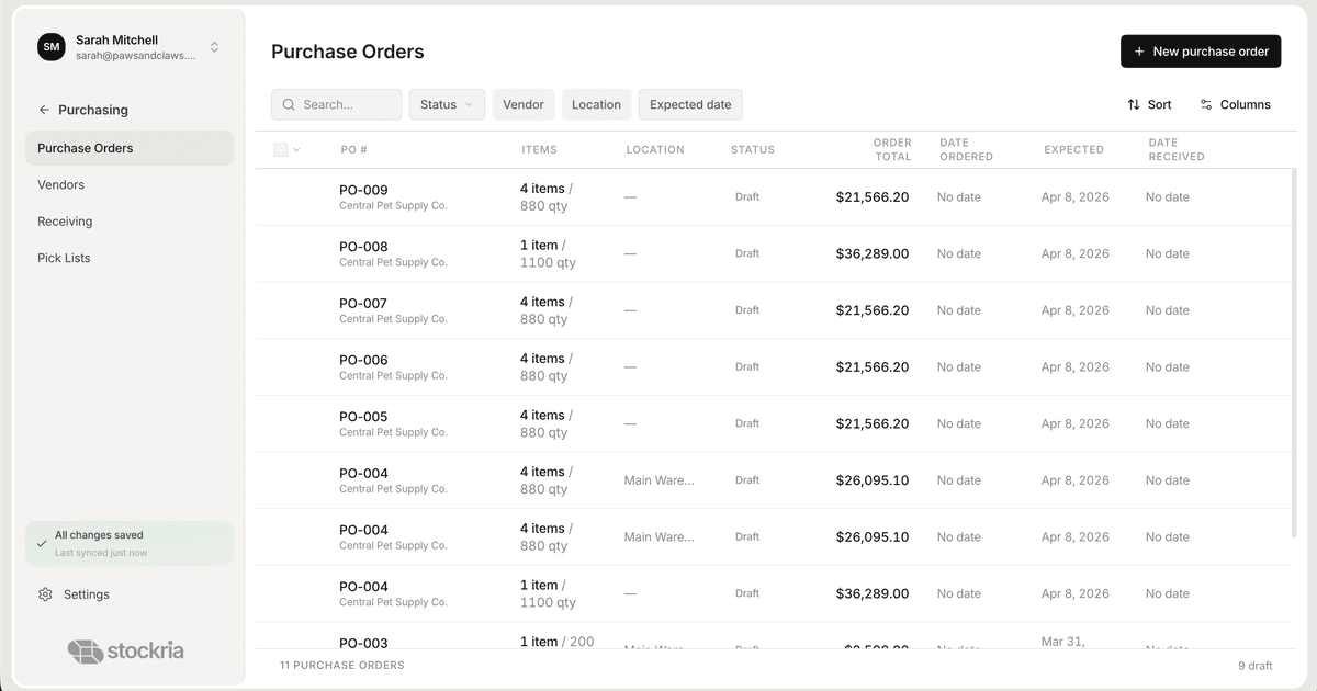 Stockria purchase orders full view