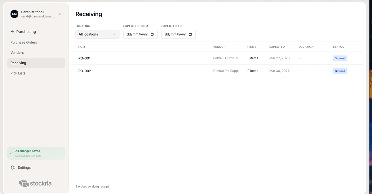 Stockria barcode receiving against purchase order