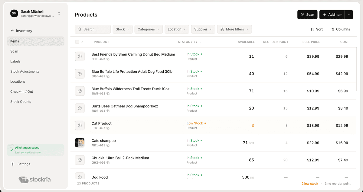 Stockria reorder alerts full dashboard view