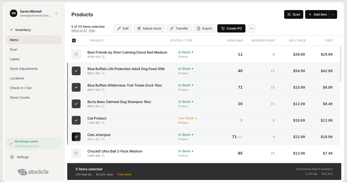Stockria reorder alerts detail view
