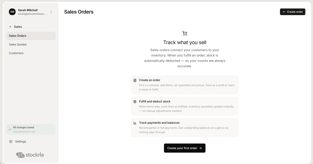 Stockria sales orders list