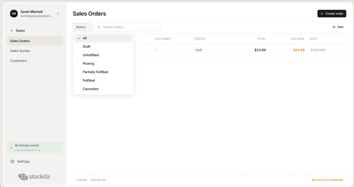 Stockria overdue orders tracking