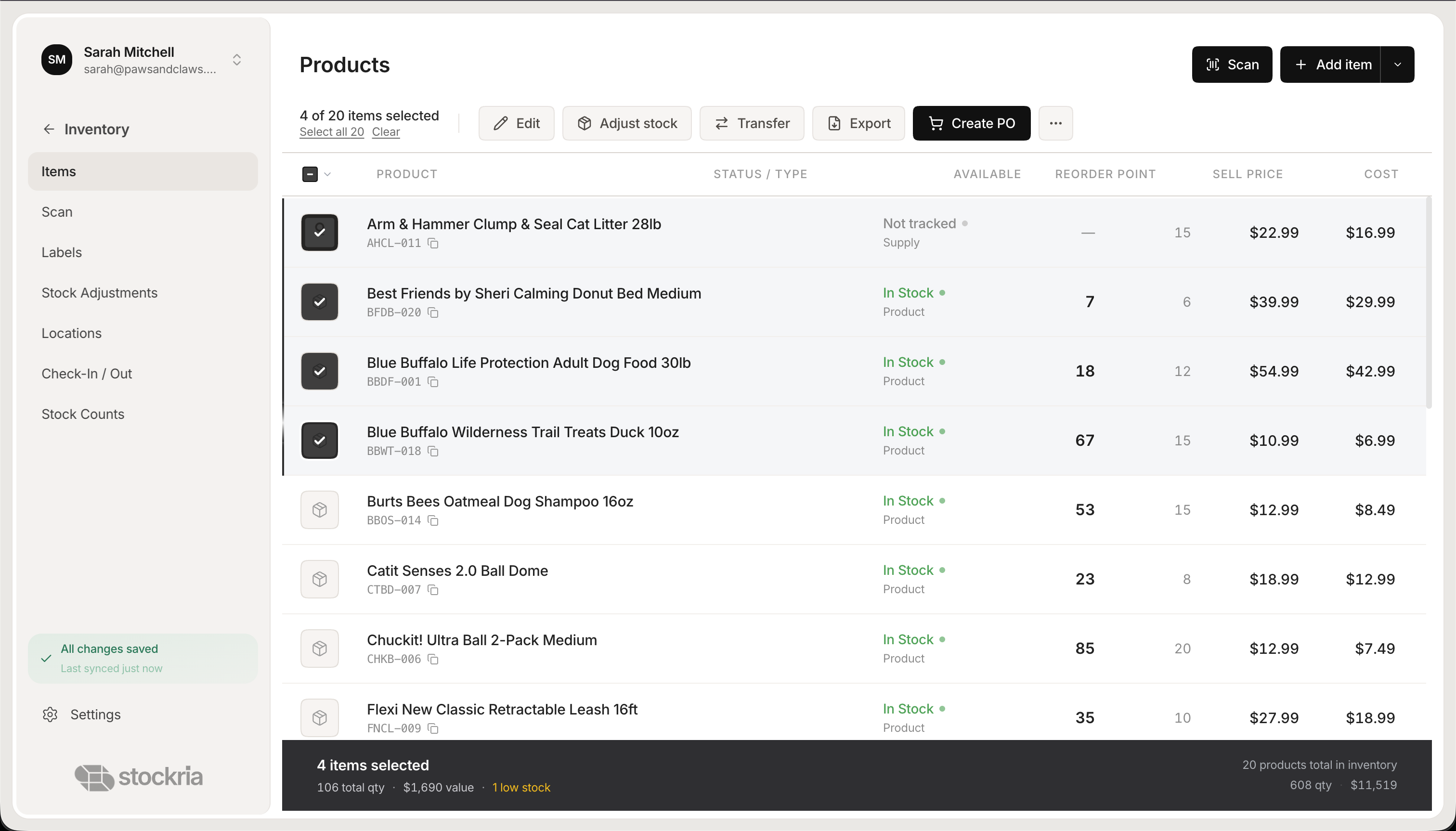 Stockria in action — Manage your entire product catalog with stock levels, pricing, and reorder points.