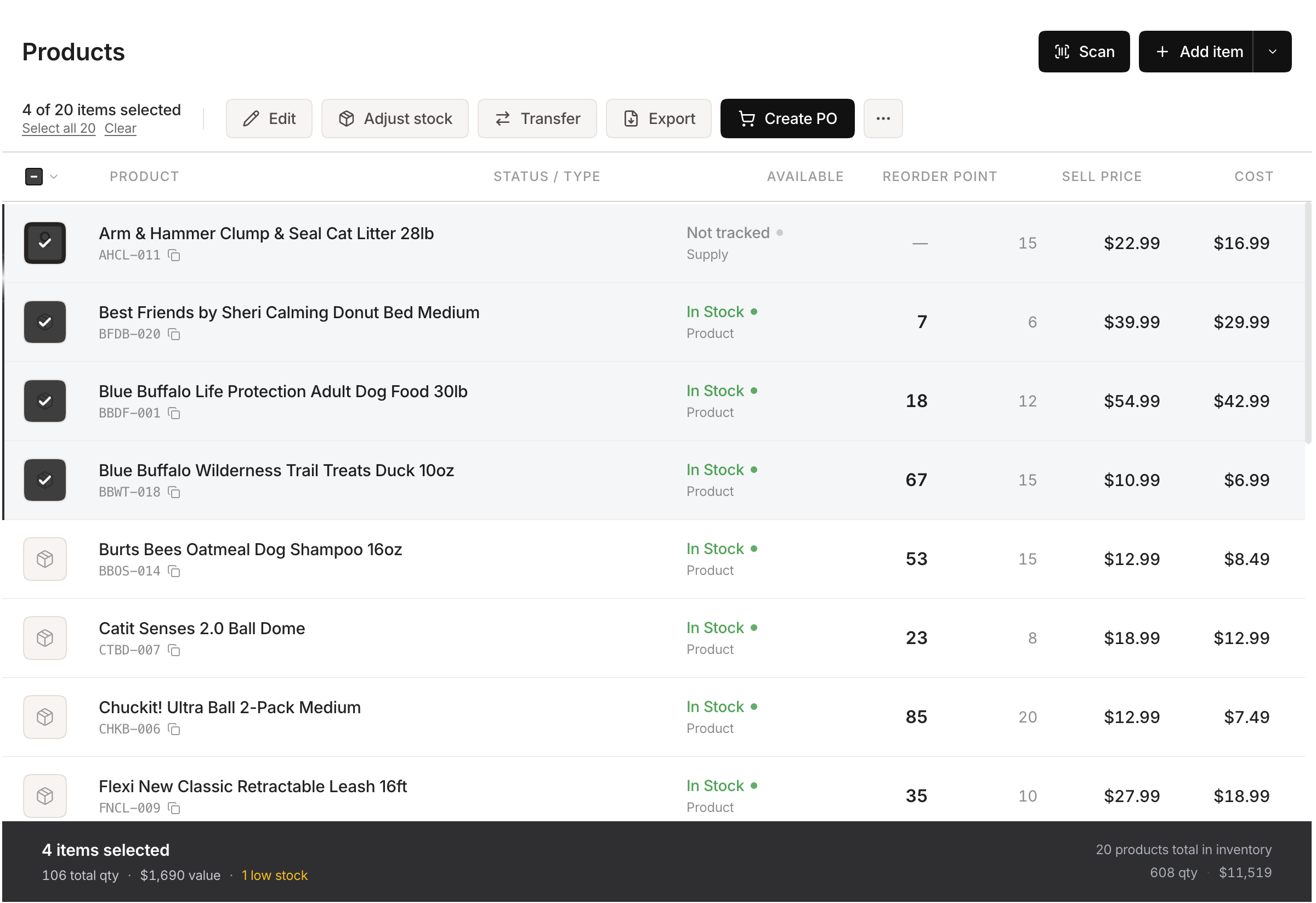 Stockria manage products