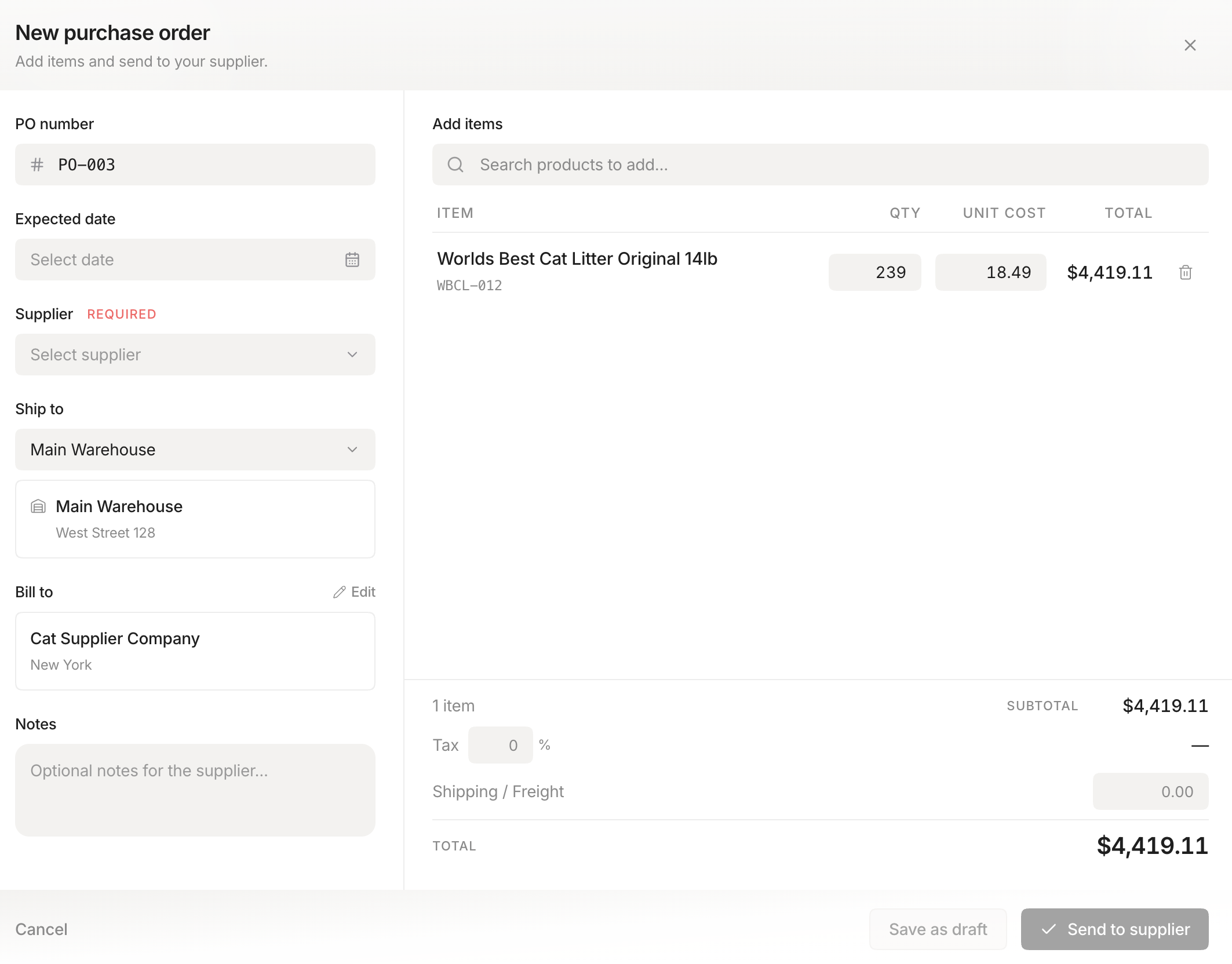Stockria purchase orders