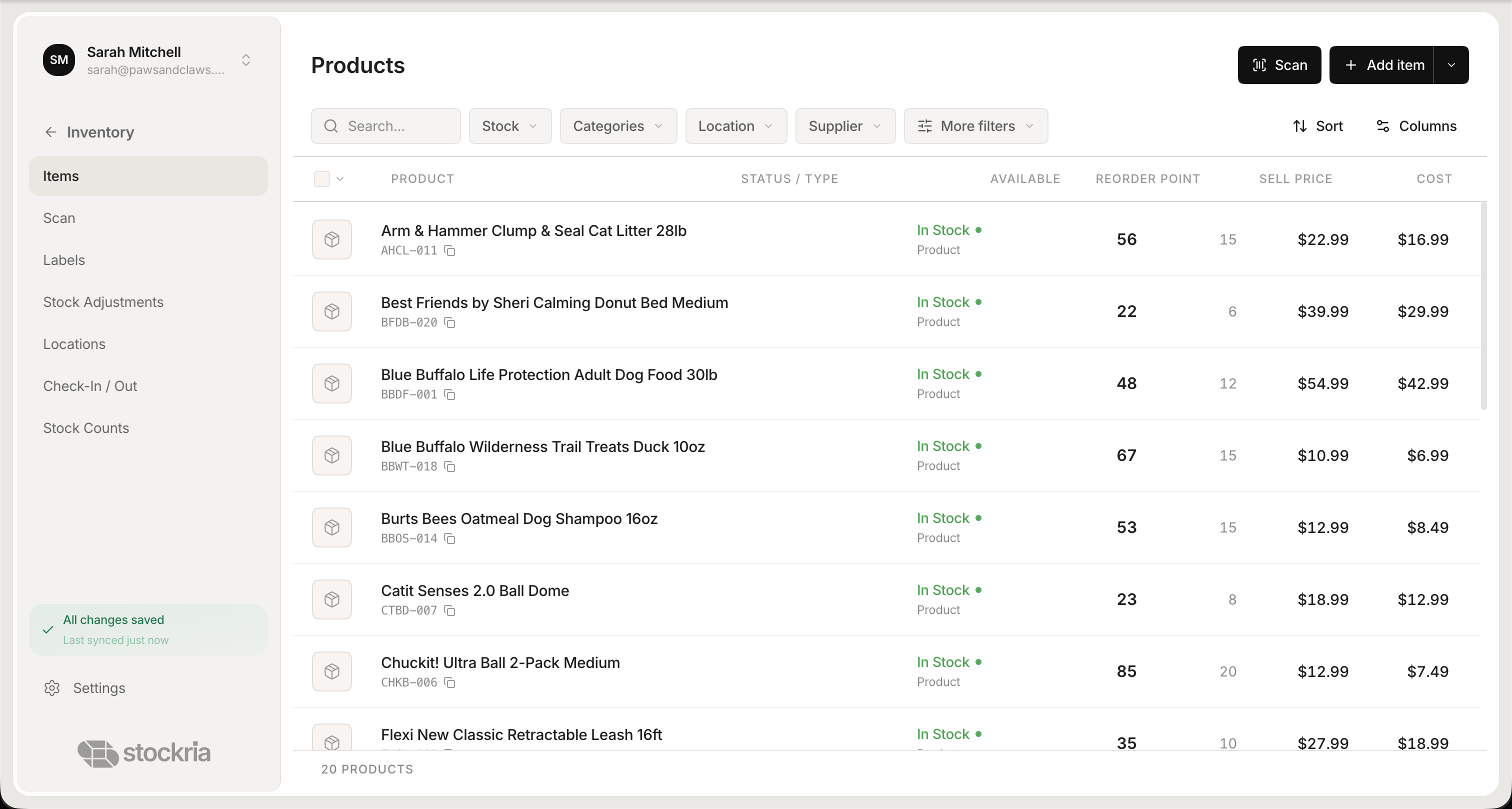 Stockria products page