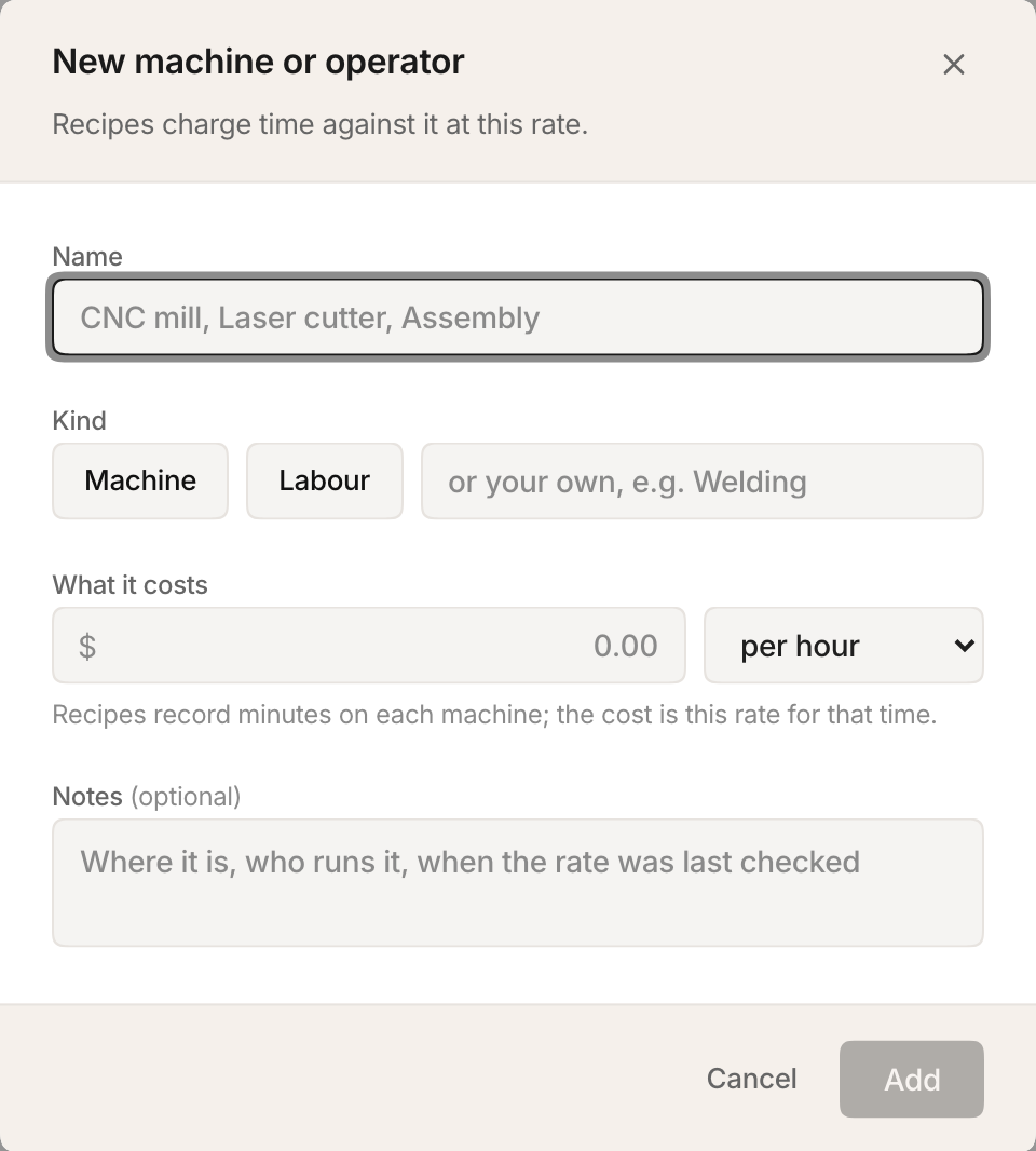 Adding a machine with its kind and hourly rate