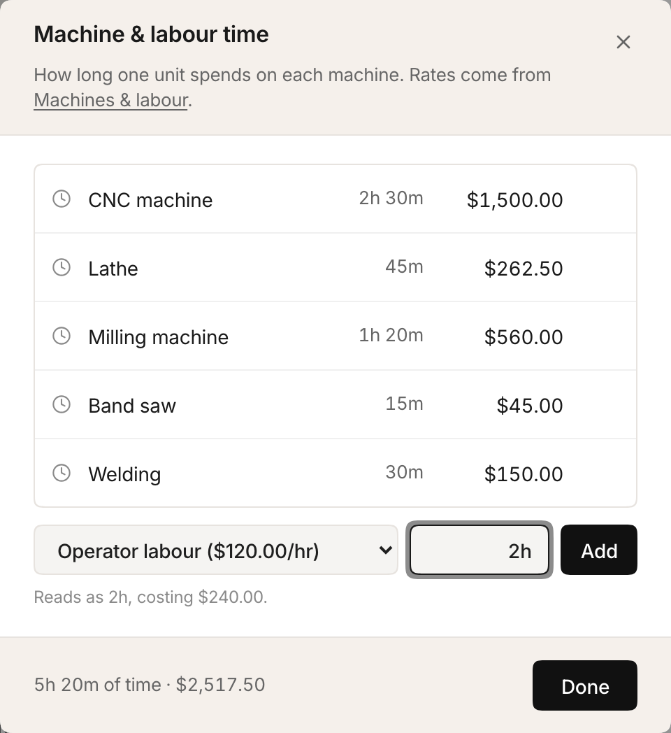Adding a production step, with the duration and its cost confirmed before saving